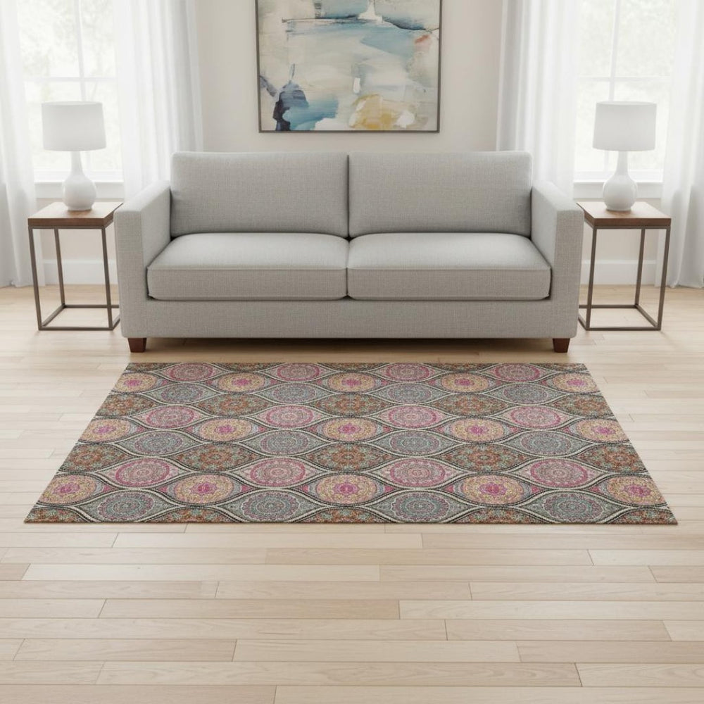 HomeRoots 5' Ogee Area Rug in Black, Purple & Pink - Washable, Stain-Resistant, UV Protected for Easy Care 677066