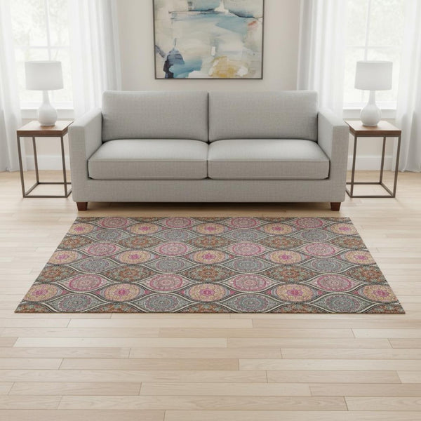 HomeRoots 5' Ogee Area Rug in Black, Purple & Pink - Washable, Stain-Resistant, UV Protected for Easy Care 677066