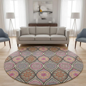HomeRoots 8' Washable Round Rug in Bold Black, Purple & Pink Ogee Design with UV Protection & Stain Resistance 677067