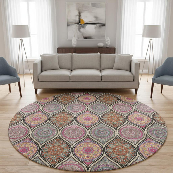 HomeRoots 8' Washable Round Rug in Bold Black, Purple & Pink Ogee Design with UV Protection & Stain Resistance 677067