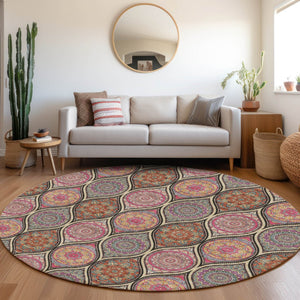 HomeRoots 8' Washable Round Rug in Bold Black, Purple & Pink Ogee Design with UV Protection & Stain Resistance 677067