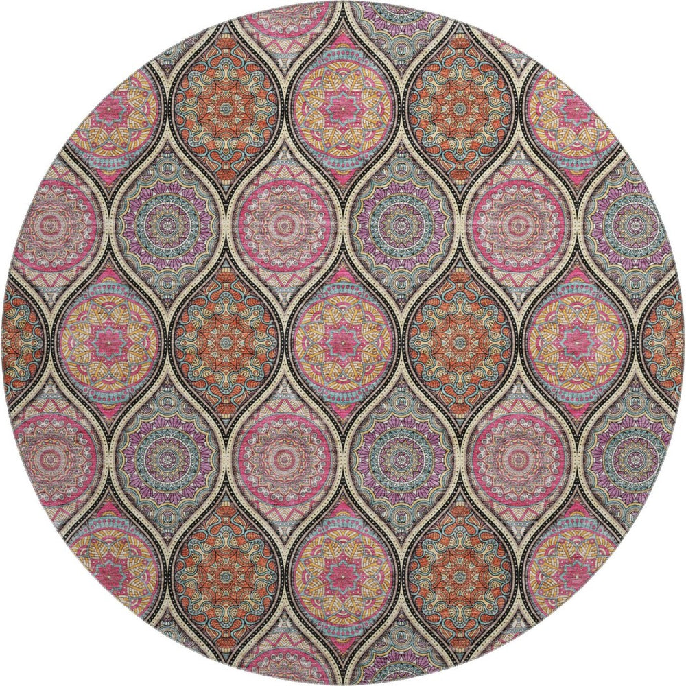 HomeRoots 8' Washable Round Rug in Bold Black, Purple & Pink Ogee Design with UV Protection & Stain Resistance 677067