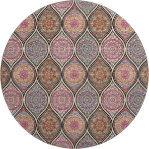 HomeRoots 8' Washable Round Rug in Bold Black, Purple & Pink Ogee Design with UV Protection & Stain Resistance 677067