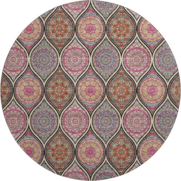 HomeRoots 8' Washable Round Rug in Bold Black, Purple & Pink Ogee Design with UV Protection & Stain Resistance 677067