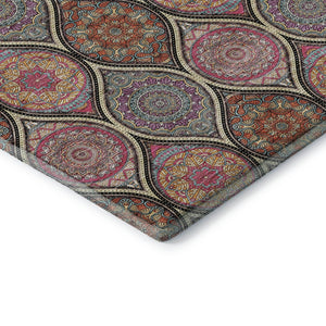 HomeRoots 8' Washable Round Rug in Bold Black, Purple & Pink Ogee Design with UV Protection & Stain Resistance 677067