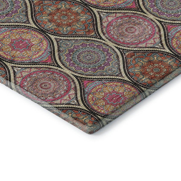 HomeRoots 8' Washable Round Rug in Bold Black, Purple & Pink Ogee Design with UV Protection & Stain Resistance 677067