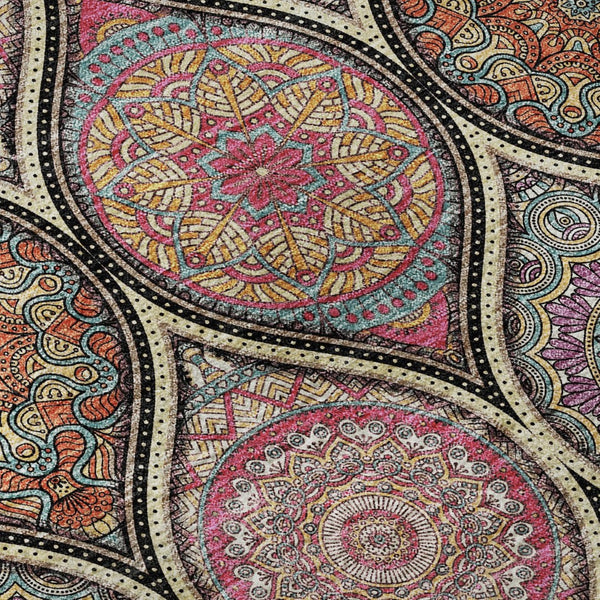 HomeRoots 8' Washable Round Rug in Bold Black, Purple & Pink Ogee Design with UV Protection & Stain Resistance 677067