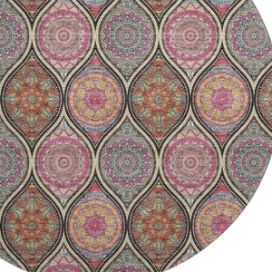 HomeRoots 8' Washable Round Rug in Bold Black, Purple & Pink Ogee Design with UV Protection & Stain Resistance 677067