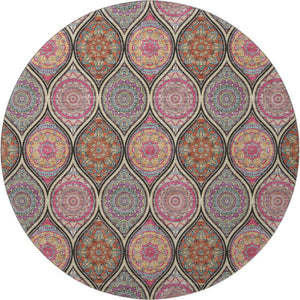 HomeRoots 8' Washable Round Rug in Bold Black, Purple & Pink Ogee Design with UV Protection & Stain Resistance 677067