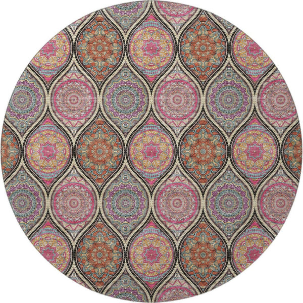 HomeRoots 8' Washable Round Rug in Bold Black, Purple & Pink Ogee Design with UV Protection & Stain Resistance 677067