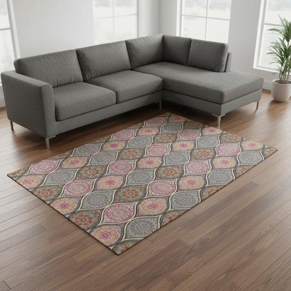 HomeRoots 8' X 10' Ogee Area Rug in Black, Purple, and Pink - Stylish, Washable, Durable & UV Protected Design 677068