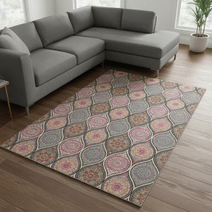HomeRoots 9' X 12' Washable Ogee Area Rug in Black, Purple & Pink - Durable, Stylish, UV Protected & Easy Care! 677069