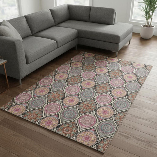 HomeRoots 9' X 12' Washable Ogee Area Rug in Black, Purple & Pink - Durable, Stylish, UV Protected & Easy Care! 677069