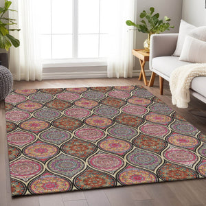 HomeRoots 9' X 12' Washable Ogee Area Rug in Black, Purple & Pink - Durable, Stylish, UV Protected & Easy Care! 677069