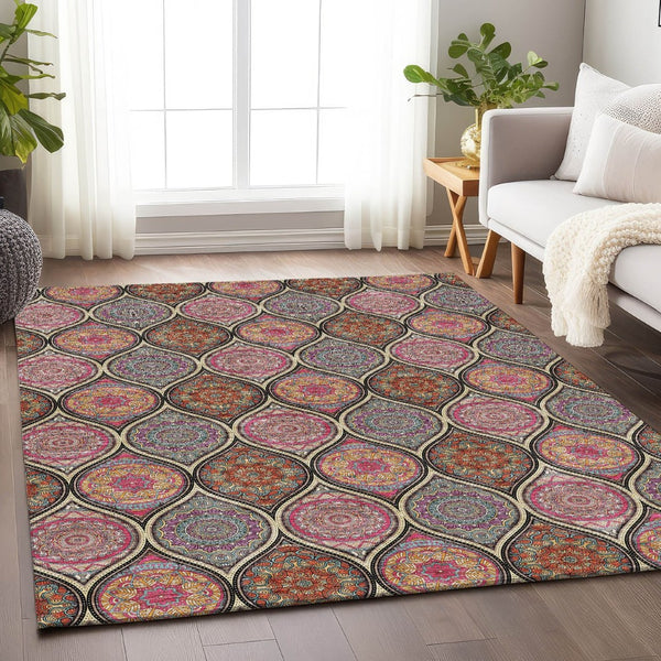 HomeRoots 9' X 12' Washable Ogee Area Rug in Black, Purple & Pink - Durable, Stylish, UV Protected & Easy Care! 677069