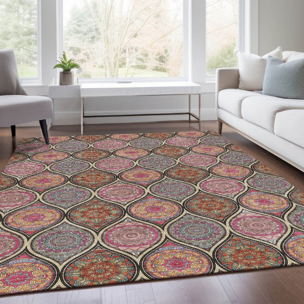 HomeRoots 9' X 12' Washable Ogee Area Rug in Black, Purple & Pink - Durable, Stylish, UV Protected & Easy Care! 677069