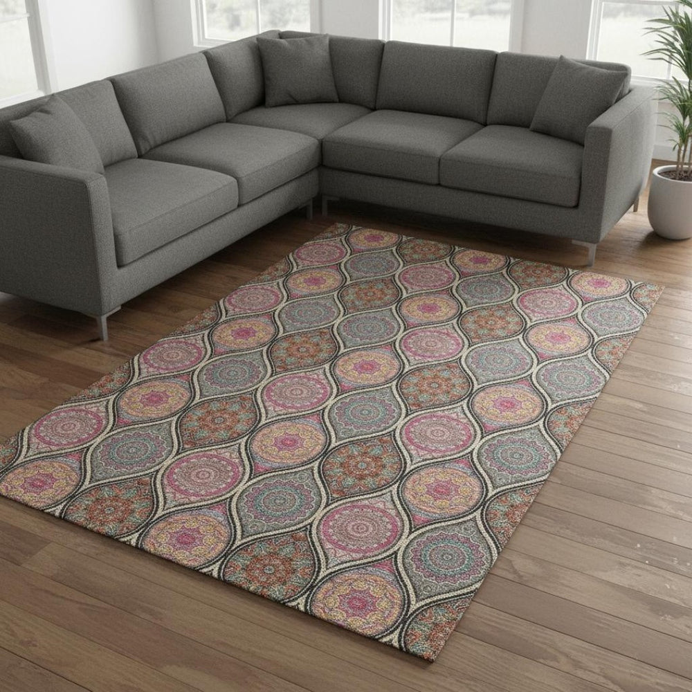 HomeRoots 10' Ogee Area Rug - Black, Purple & Pink | Washable, Stain Resistant, UV Protection for Busy Homes 677070
