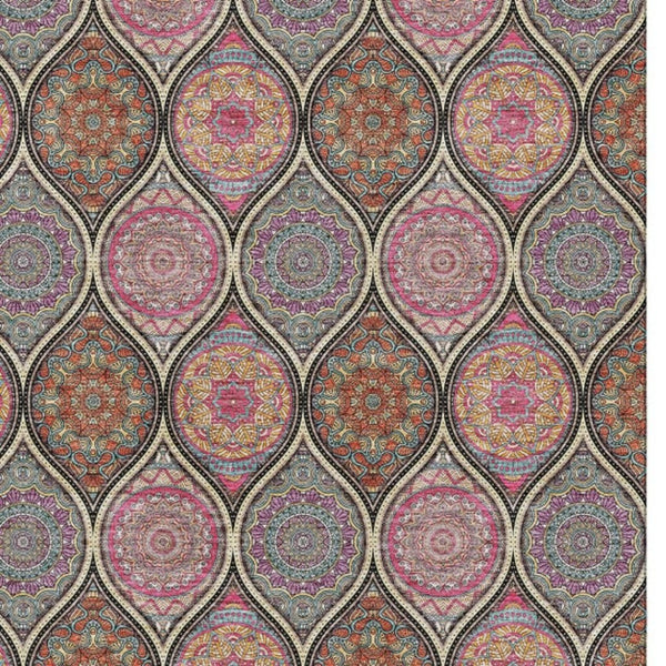 HomeRoots 10' Ogee Area Rug - Black, Purple & Pink | Washable, Stain Resistant, UV Protection for Busy Homes 677070