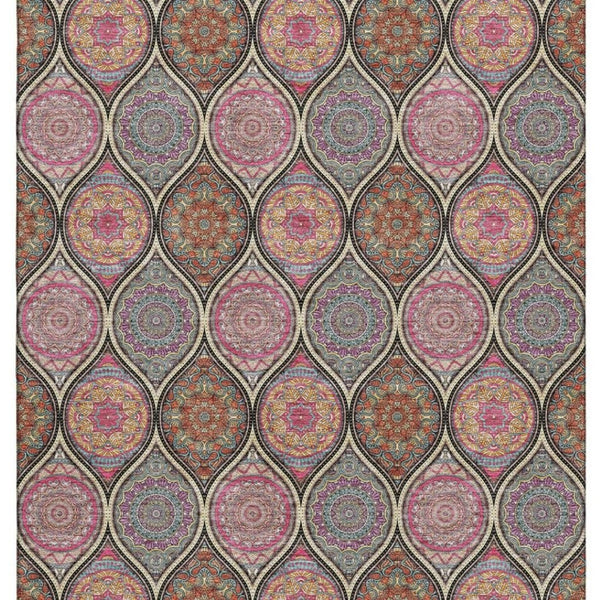 HomeRoots 10' Ogee Area Rug - Black, Purple & Pink | Washable, Stain Resistant, UV Protection for Busy Homes 677070