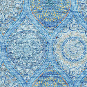 HomeRoots 5' Ogee Area Rug in Denim Blue, Ivory & Gray - Washable, Stain-Resistant, UV Protected for Homes 677072