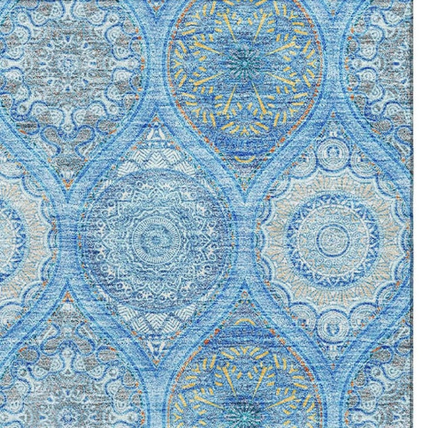 HomeRoots 5' Ogee Area Rug in Denim Blue, Ivory & Gray - Washable, Stain-Resistant, UV Protected for Homes 677072