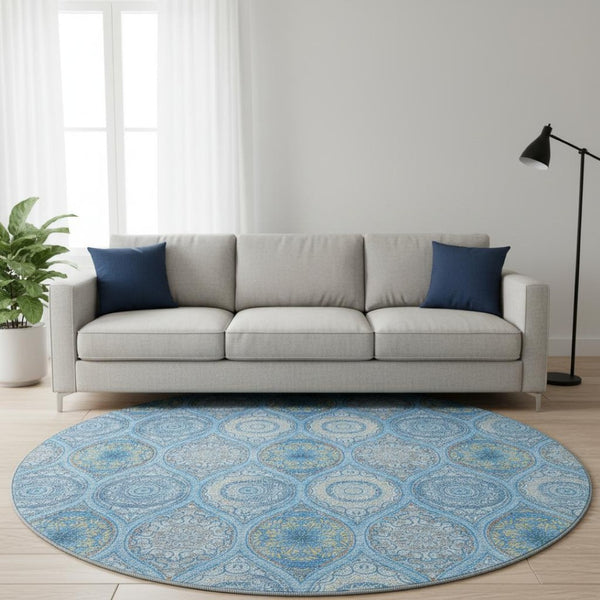 HomeRoots 8' Denim Blue Ogee Round Area Rug with UV Protection - Stylish, Washable & Stain-Resistant Design 677073