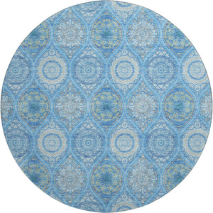 HomeRoots 8' Denim Blue Ogee Round Area Rug with UV Protection - Stylish, Washable & Stain-Resistant Design 677073
