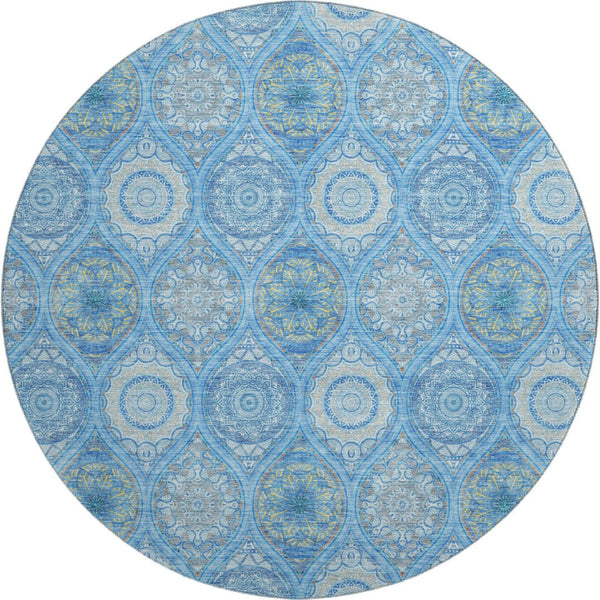 HomeRoots 8' Denim Blue Ogee Round Area Rug with UV Protection - Stylish, Washable & Stain-Resistant Design 677073