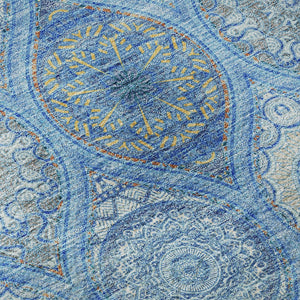 HomeRoots 8' Denim Blue Ogee Round Area Rug with UV Protection - Stylish, Washable & Stain-Resistant Design 677073