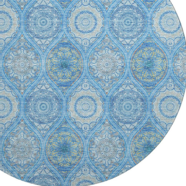 HomeRoots 8' Denim Blue Ogee Round Area Rug with UV Protection - Stylish, Washable & Stain-Resistant Design 677073
