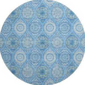 HomeRoots 8' Denim Blue Ogee Round Area Rug with UV Protection - Stylish, Washable & Stain-Resistant Design 677073