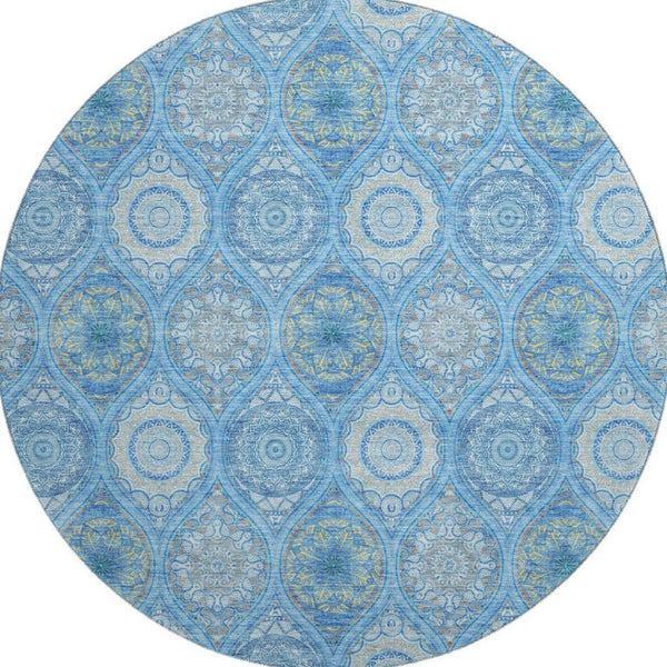 HomeRoots 8' Denim Blue Ogee Round Area Rug with UV Protection - Stylish, Washable & Stain-Resistant Design 677073
