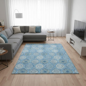 HomeRoots 8' X 10' Denim Blue Ivory & Gray Ogee Washable Area Rug - Durable, Stain Resistant, UV Protected! 677074