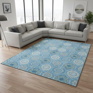HomeRoots 9' X 12' Denim Blue Ogee Area Rug - Stylish, Washable, UV-Protected & Perfect for High-Traffic Spaces 677075