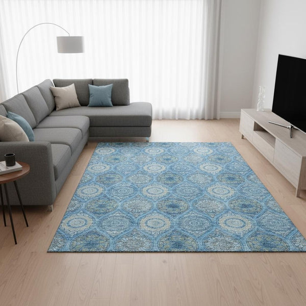 HomeRoots 10' Ogee Pattern Denim Blue Ivory Gray Area Rug – Washable, UV Protected, Durable for Busy Homes 677076