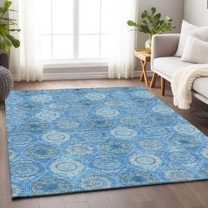 HomeRoots 10' Ogee Pattern Denim Blue Ivory Gray Area Rug – Washable, UV Protected, Durable for Busy Homes 677076
