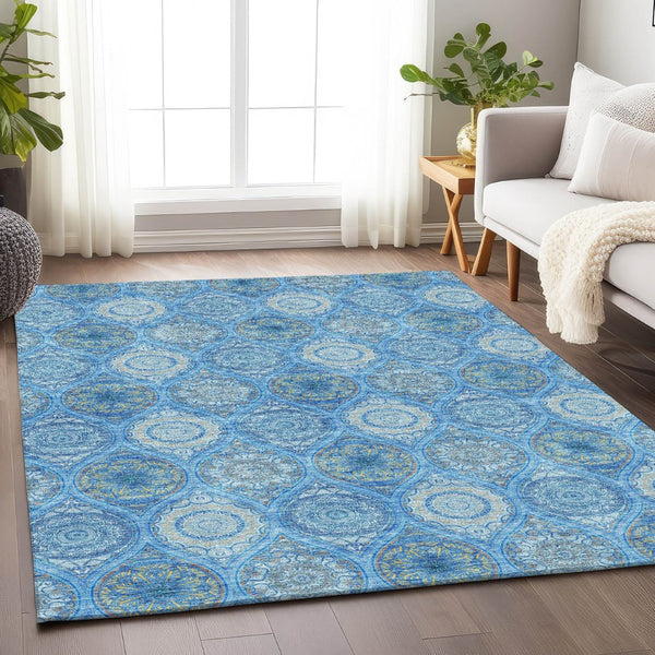 HomeRoots 10' Ogee Pattern Denim Blue Ivory Gray Area Rug – Washable, UV Protected, Durable for Busy Homes 677076
