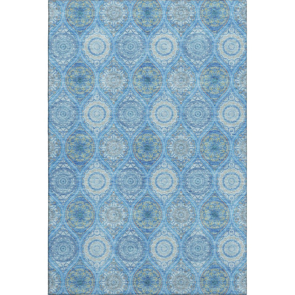 HomeRoots 10' Ogee Pattern Denim Blue Ivory Gray Area Rug – Washable, UV Protected, Durable for Busy Homes 677076