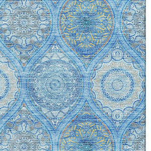 HomeRoots 10' Ogee Pattern Denim Blue Ivory Gray Area Rug – Washable, UV Protected, Durable for Busy Homes 677076