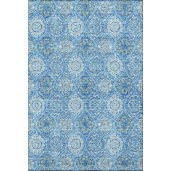 HomeRoots 10' Ogee Pattern Denim Blue Ivory Gray Area Rug – Washable, UV Protected, Durable for Busy Homes 677076
