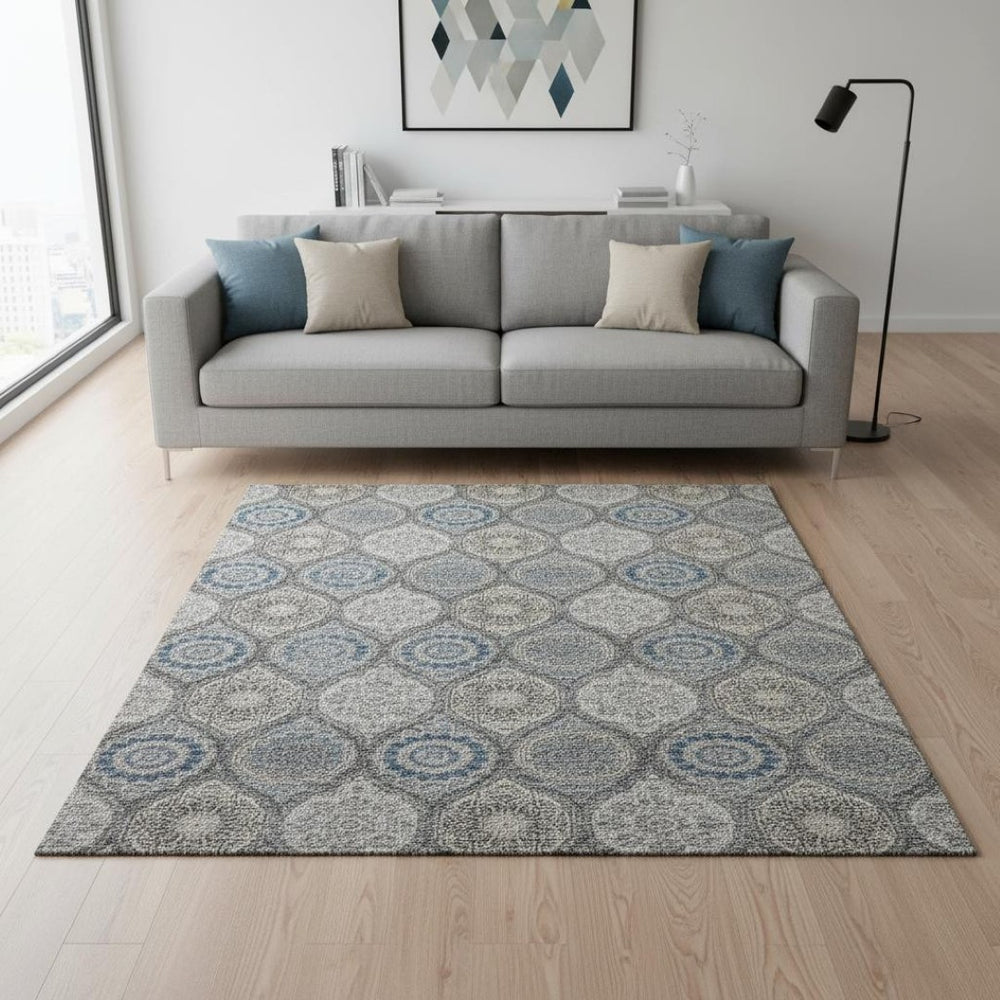 HomeRoots 5' Ogee Washable Area Rug in Gray, Navy Blue & Beige - Durable, UV-Protected, Non-Slip Design! 677078
