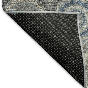 HomeRoots 5' Ogee Washable Area Rug in Gray, Navy Blue & Beige - Durable, UV-Protected, Non-Slip Design! 677078