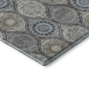 HomeRoots 5' Ogee Washable Area Rug in Gray, Navy Blue & Beige - Durable, UV-Protected, Non-Slip Design! 677078