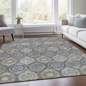 HomeRoots 5' Ogee Washable Area Rug in Gray, Navy Blue & Beige - Durable, UV-Protected, Non-Slip Design! 677078