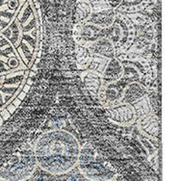 HomeRoots 5' Ogee Washable Area Rug in Gray, Navy Blue & Beige - Durable, UV-Protected, Non-Slip Design! 677078