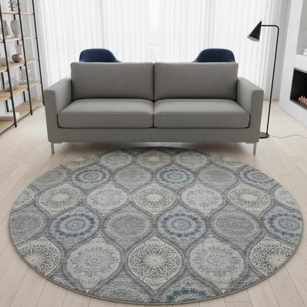 HomeRoots 8' Gray Navy Blue Beige Ogee Round Rug - Washable, UV Protected, Durable for High-Traffic Homes 677079