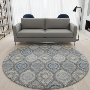 HomeRoots 8' Gray Navy Blue Beige Ogee Round Rug - Washable, UV Protected, Durable for High-Traffic Homes 677079