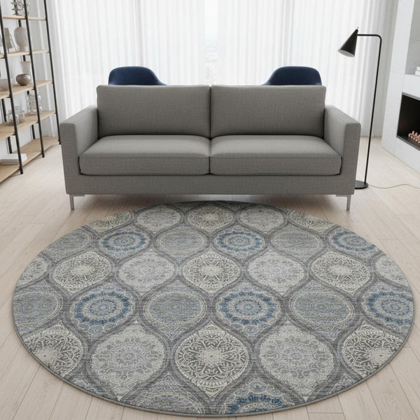 HomeRoots 8' Gray Navy Blue Beige Ogee Round Rug - Washable, UV Protected, Durable for High-Traffic Homes 677079