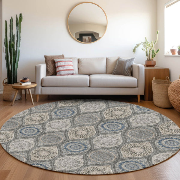 HomeRoots 8' Gray Navy Blue Beige Ogee Round Rug - Washable, UV Protected, Durable for High-Traffic Homes 677079