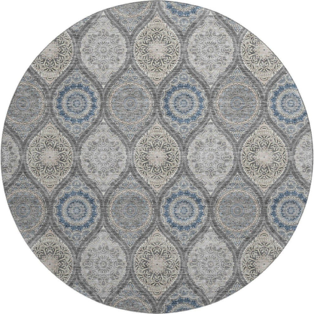 HomeRoots 8' Gray Navy Blue Beige Ogee Round Rug - Washable, UV Protected, Durable for High-Traffic Homes 677079